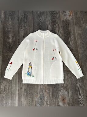 Vintage LEROY KNITWEAR Novelty Golf Embroidered Zip Cardigan Sweater Size L